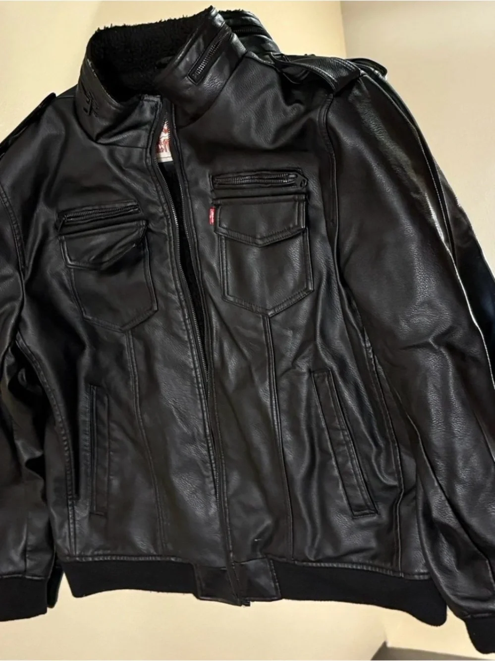 XL Levi’s Men's Faux Leather Sherpa-Lined Aviator Bomber Jacket Black